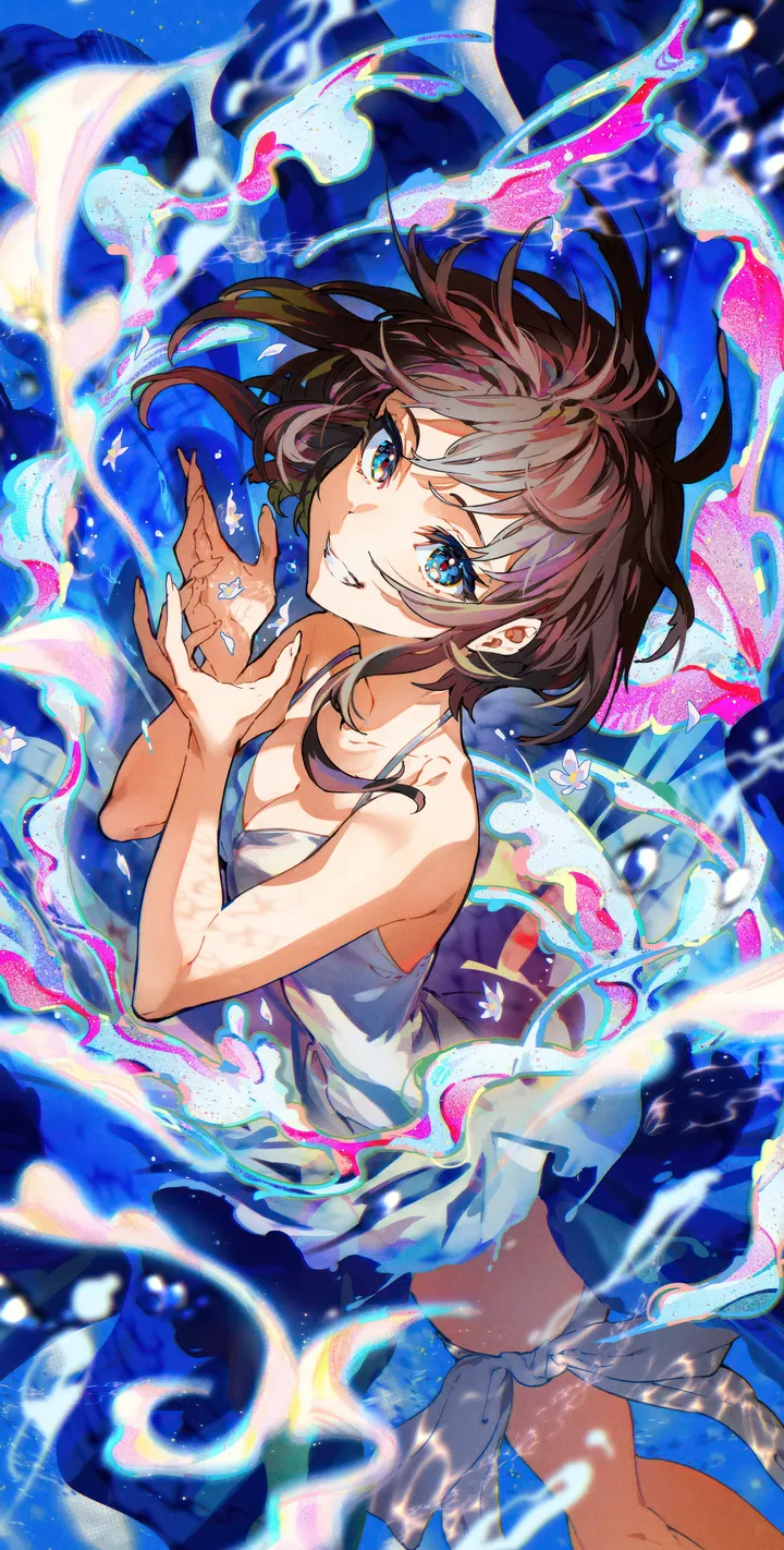 1girl,breasts,cleavage,bangs,solo,hands_up,feet_out_of_frame,parted_lips,sleeveless,sleeveless_dress,brown_hair,water,underwater,bubble,teeth,white_dress,looking_at_viewer,short_hair,vertical,smile,blue_eyes,bare_arms,dress,collarbone,bare_shoulders,grin