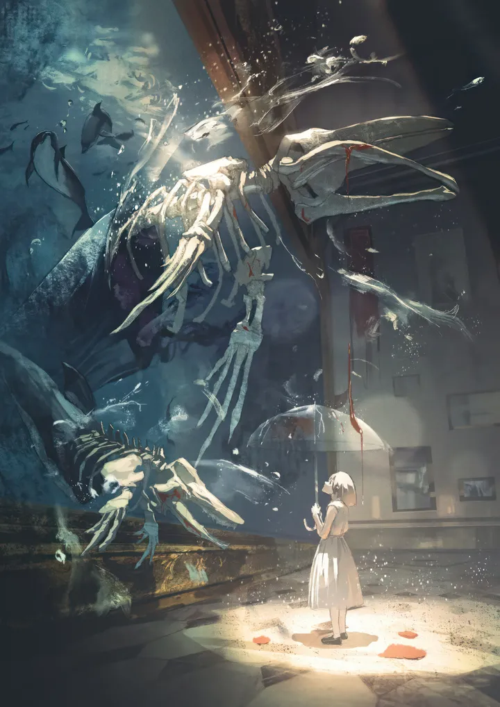 1girl,indoors,holding,holding_umbrella,sleeveless,sleeveless_dress,jellyfish,white_hair,white_dress,short_hair,vertical,standing,blood,surreal,dress,umbrella,shoes,skeleton,fish,whale