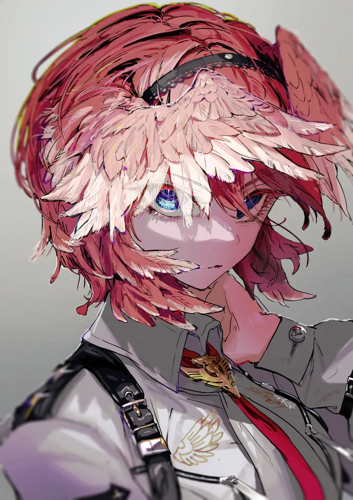 1girl,virtual_youtuber,upper_body,bangs,solo,hairband,head_wings,hair_between_eyes,parted_lips,hand_on_own_neck,collared_shirt,grey_background,white_shirt,looking_at_viewer,short_hair,vertical,pink_hair,red_necktie,blue_eyes,puffy_sleeves,puffy_long_sleeves,shirt,long_sleeves,necktie,black_hairband