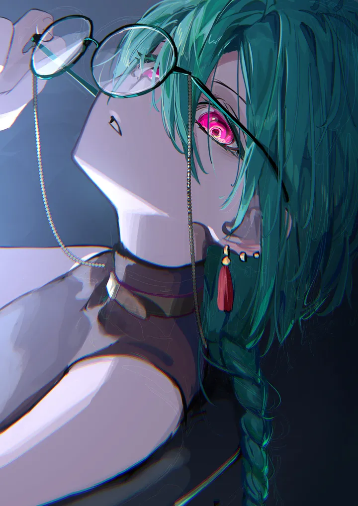 1other,virtual_youtuber,braid,bangs,solo,single_braid,ahoge,round_eyewear,hair_between_eyes,parted_lips,other_focus,androgynous,holding,holding_eyewear,eyewear_removed,sleeveless,sleeveless_shirt,tassel,jewelry,looking_at_viewer,glasses,piercing,ear_piercing,vertical,pink_eyes,green_hair,earrings,shirt,long_hair,bare_shoulders,turtleneck,black_shirt