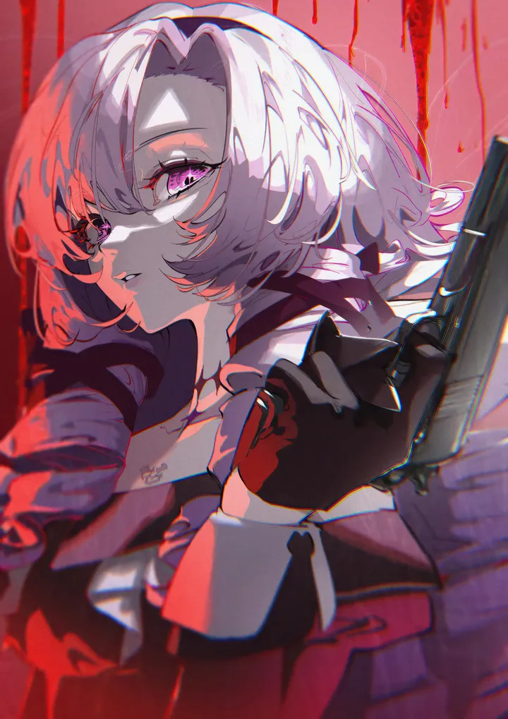 1girl,virtual_youtuber,ribbon,upper_body,bangs,solo,hairband,hair_ribbon,parted_lips,gloves,holding_weapon,handgun,holding_gun,holding,gun,weapon,looking_at_viewer,vertical,purple_hair,purple_eyes,red_background,red_dress,tattoo,chest_tattoo,blood,dress,drill_hair,long_hair,long_sleeves,bare_shoulders,off_shoulder,off-shoulder_dress,choker,black_hairband,black_gloves