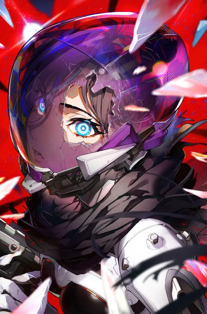 1girl,medium_breasts,breasts,parted_bangs,bangs,animification,solo,glowing,glowing_eyes,scarf,helmet,official_alternate_costume,parted_lips,holding_weapon,handgun,holding_gun,holding,gun,weapon,glass,looking_at_viewer,broken_glass,vertical,red_background,blue_eyes,bodysuit,black_scarf,black_hair,black_bodysuit