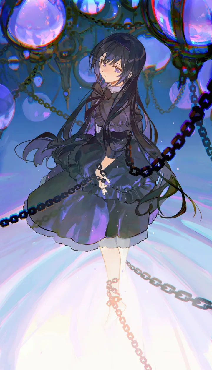 1girl,ribbon,full_body,bangs,solo,hairband,closed_mouth,very_long_hair,looking_at_viewer,short_sleeves,vertical,standing,purple_eyes,frills,frilled_dress,bow,barefoot,dress,chain,chained,long_hair,neck_ribbon,black_hairband,black_hair,black_dress