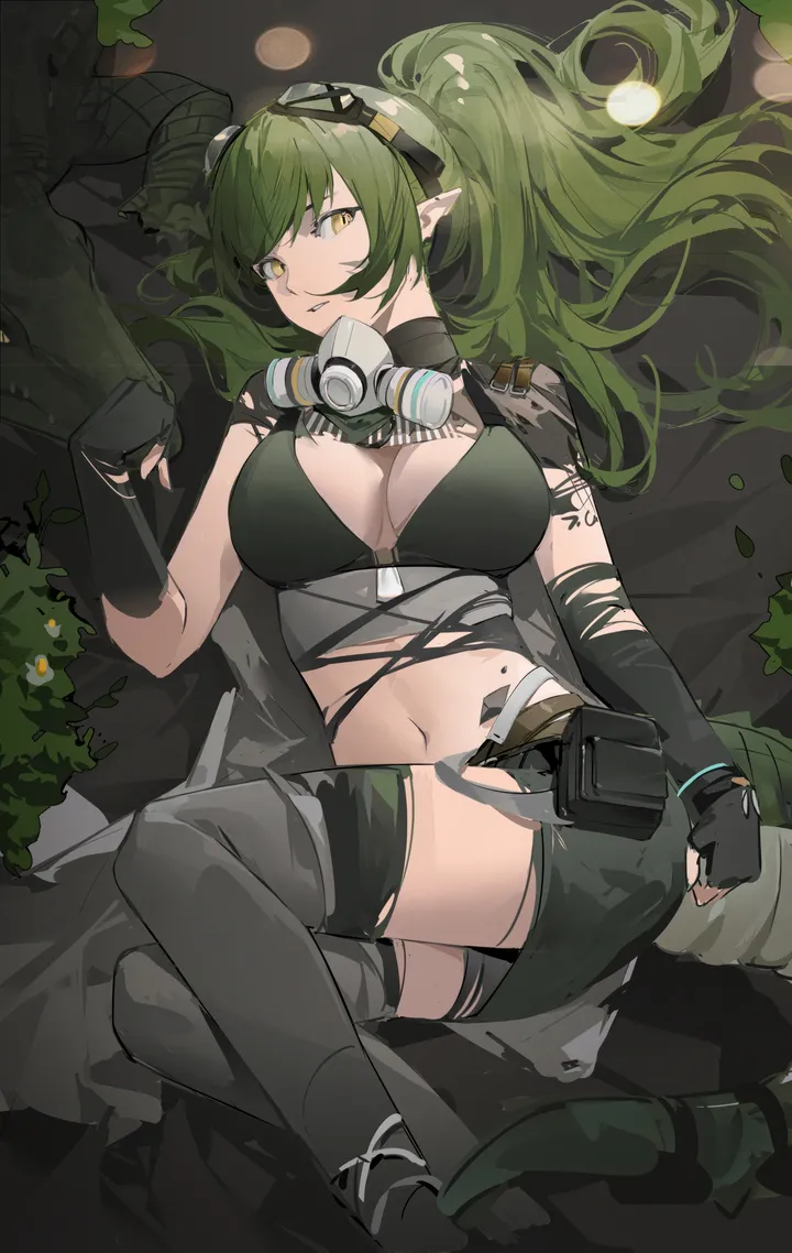 1girl,breasts,cleavage,on_back,bangs,solo,respirator,goggles_on_head,pointy_ears,official_alternate_costume,stomach,tail,parted_lips,gloves,goggles,fingerless_gloves,looking_at_viewer,vertical,green_hair,navel,lying,large_breasts,thighhighs,long_hair,elbow_gloves,midriff,mask,mask_around_neck,ponytail,crocodilian_tail,yellow_eyes,black_gloves,black_thighhighs