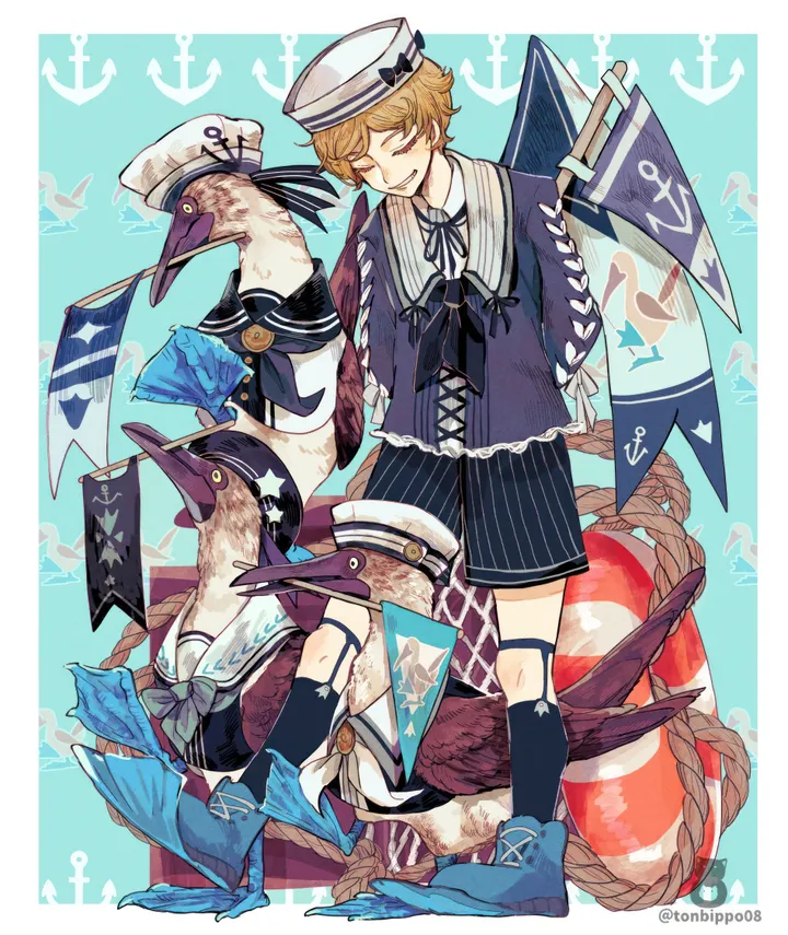 1boy,ribbon,full_body,solo,kneehighs,arms_behind_back,closed_eyes,legwear_garter,hat,twitter_username,lifebuoy,flag,striped,sailor,sailor_hat,sailor_collar,seagull,male_focus,short_hair,shorts,vertical,smile,blue_background,blue_socks,blue_footwear,shirt,socks,blonde_hair,anchor,anchor_symbol,shoes,neck_ribbon,bird,black_shorts,black_socks