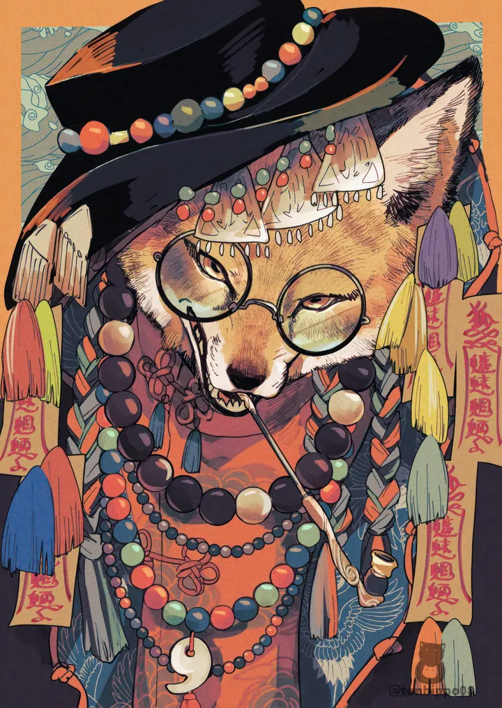 1boy,braid,upper_body,animal,solo,round_eyewear,hat,holding_smoking_pipe,twitter_username,furry,no_humans,tassel,smoking_pipe,kiseru,beads,bead_necklace,jewelry,looking_at_viewer,glasses,eyewear_strap,ofuda,vertical,talisman,necklace,black_headwear