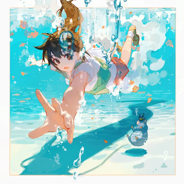 1girl,outstretched_arms,solo,open_mouth,brown_hair,brown_eyes,air_bubble,water,underwater,bubble,swimming,looking_at_viewer,short_sleeves,shorts,vertical,smile,shirt,socks,long_hair,shoes,ponytail