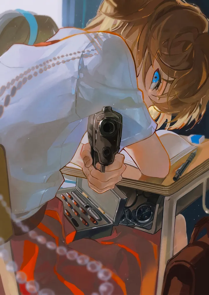 1girl,1boy,book,desk,light_particles,finger_on_trigger,bangs,bag,solo_focus,sitting,bullet,indoors,aiming_at_viewer,holding_weapon,handgun,holding_gun,holding,gun,school_uniform,brown_hair,chair,weapon,white_shirt,looking_at_viewer,aiming,short_hair,short_sleeves,skirt,vertical,blue_eyes,shirt,school_desk,pencil_case