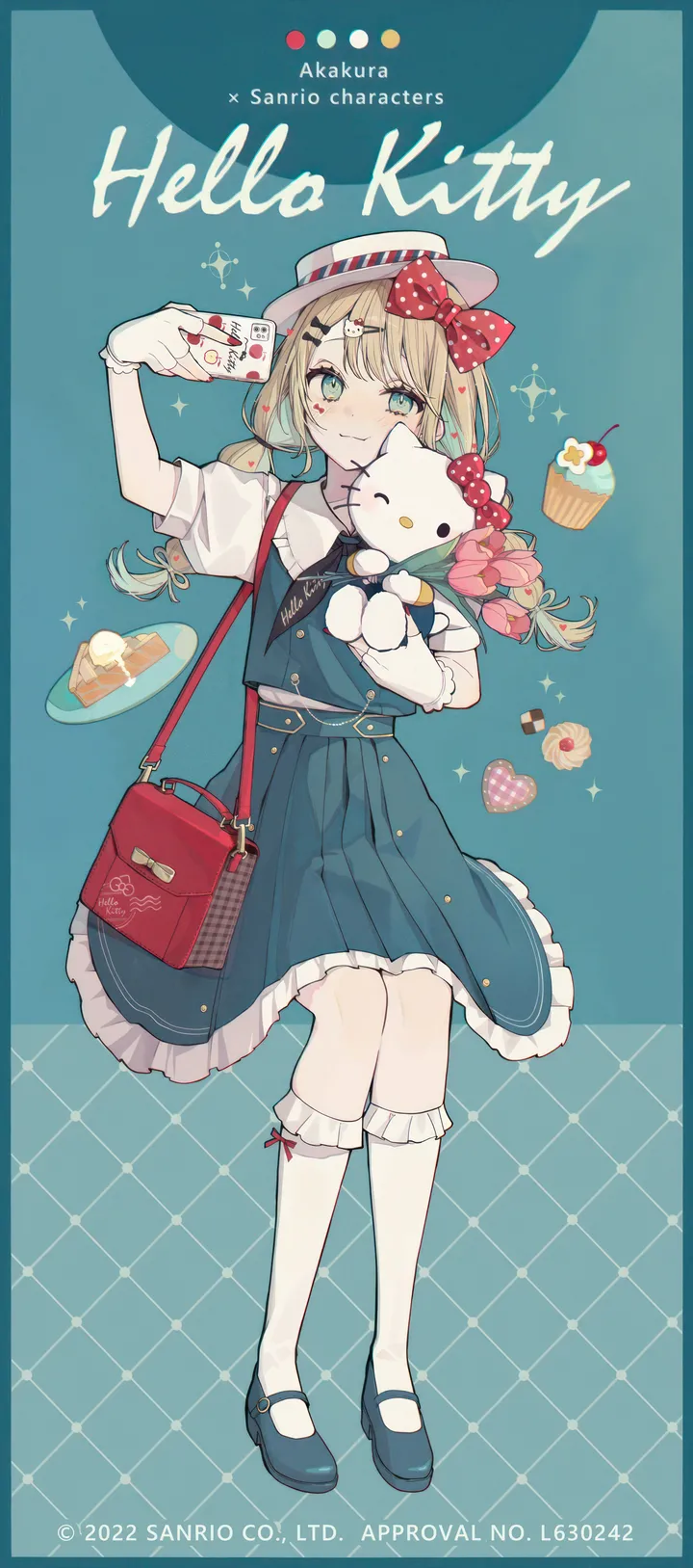 1girl,full_body,bangs,bag,solo,shoulder_bag,card,kneehighs,twintails,hairclip,closed_mouth,polka_dot,polka_dot_bow,multicolored_hair,hair_ornament,hat,gloves,handbag,holding,stuffed_animal,stuffed_toy,mary_janes,white_gloves,white_shirt,white_socks,looking_at_viewer,short_sleeves,vertical,smile,pinafore_dress,blush,english_text,blue_eyes,blue_background,blue_dress,blue_footwear,bow,hair_bow,shirt,socks,dress,shoes,food,flower