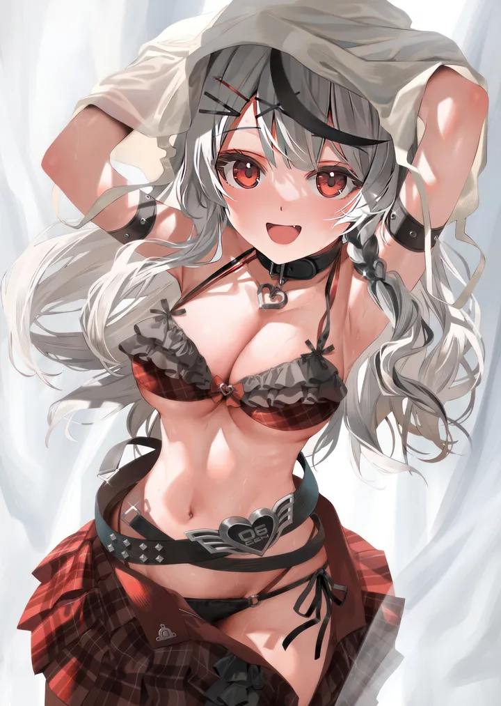 1girl,virtual_youtuber,x_hair_ornament,braid,side-tie_bikini_bottom,clothes_pull,skirt_pull,arms_up,breasts,cleavage,heart_collar,bangs,solo,hairclip,multicolored_hair,hair_ornament,stomach,open_mouth,arm_strap,streaked_hair,plaid,plaid_skirt,bikini,swimsuit,grey_hair,white_shirt,belt,looking_at_viewer,skirt,vertical,smile,red_bikini,red_eyes,red_skirt,navel,undressing,blush,armpits,frills,fang,shirt,wet,open_skirt,large_breasts,long_hair,collar,black_hair,black_belt,black_collar