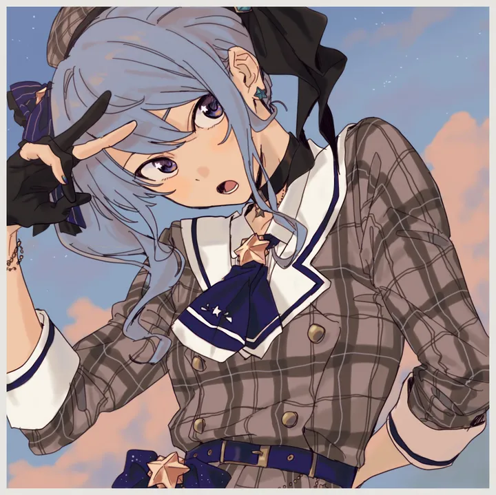 1girl,virtual_youtuber,ribbon,medium_hair,upper_body,side_ponytail,bangs,solo,double-breasted,sky,hat,hair_between_eyes,open_mouth,gloves,partially_fingerless_gloves,bracelet,nail_polish,star_symbol,star_earrings,star_in_eye,plaid,plaid_jacket,v,grey_headwear,jewelry,belt,looking_at_viewer,symbol_in_eye,vertical,buttons,earrings,plaid_headwear,blue_hair,blue_nails,blue_eyes,blue_belt,blue_ascot,beret,choker,ascot,black_gloves,black_choker