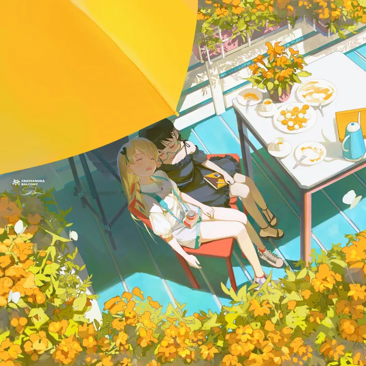 2girls,bangs,closed_eyes,sitting,multiple_girls,open_mouth,outdoors,cup,table,chair,plant,day,white_footwear,yuri,plate,glasses,sleeping,short_sleeves,skirt,vertical,teacup,bow,shirt,bare_legs,sneakers,dress,blonde_hair,long_hair,umbrella,shoes,food,flower,black_hair,black-framed_eyewear,black_dress,black_footwear