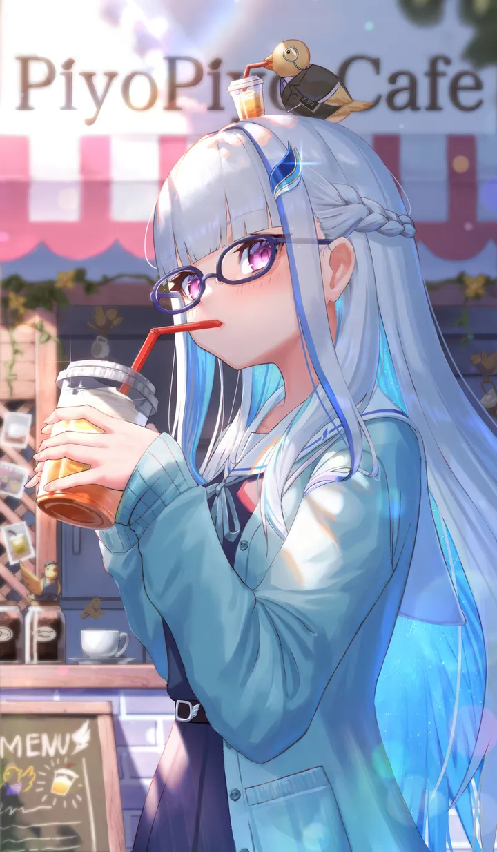 1girl,virtual_youtuber,braid,bangs,animal,solo,two-tone_hair,drinking_straw,drinking,on_head,multicolored_hair,animal_on_head,bird_on_head,hair_ornament,sidelocks,jacket,open_cardigan,cardigan,very_long_hair,outdoors,holding_cup,holding,cup,school_uniform,blurry,serafuku,sailor_collar,day,white_hair,white_sailor_collar,pleated_skirt,belt,blunt_bangs,looking_at_viewer,glasses,skirt,vertical,purple_eyes,blush,blue_hair,blue_cardigan,blue_shirt,shirt,sleeves_past_wrists,open_clothes,long_hair,long_sleeves,drink,disposable_cup,bird,duck,black-framed_eyewear