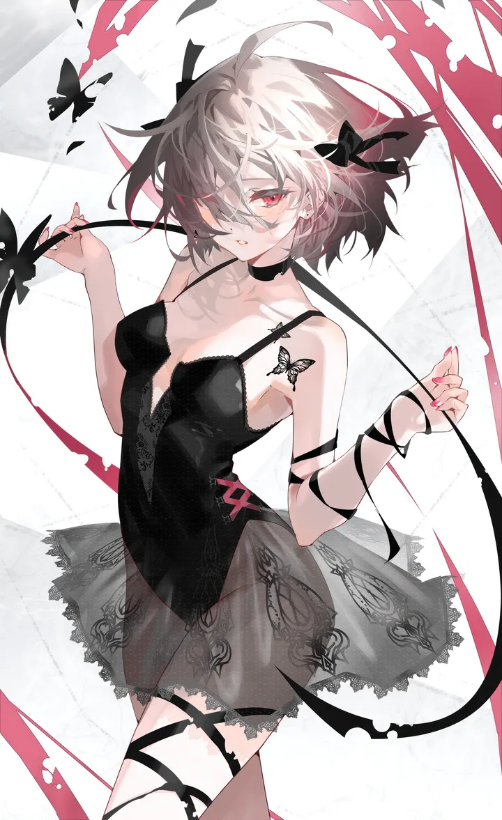 1girl,cowboy_shot,ribbon,breasts,bangs,see-through,solo,hands_up,ahoge,hair_over_one_eye,parted_lips,nail_polish,grey_hair,white_background,looking_at_viewer,short_hair,skirt,vertical,leotard,red_eyes,tattoo,tutu,bug,butterfly,small_breasts,collarbone,bare_shoulders,choker,black_ribbon,black_leotard,black_choker