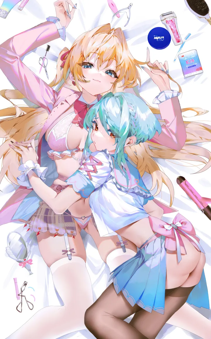 2girls,braid,ribbon,medium_breasts,breasts,cleavage,on_back,underwear,panties,bangs,cosmetics,feet_out_of_frame,lipstick_tube,garter_straps,ahoge,closed_mouth,on_bed,multiple_girls,multicolored_hair,hair_ribbon,sidelocks,jacket,ass,bow_bra,bed_sheet,hair_between_eyes,very_long_hair,heart,ring,holding,fingernails,nail_polish,collared_shirt,school_uniform,plaid,plaid_skirt,orange_eyes,serafuku,sailor_collar,jewelry,white_panties,white_bra,white_shirt,yuri,pleated_skirt,looking_at_viewer,short_hair,short_sleeves,skirt,piercing,ear_piercing,vertical,smile,pink_ribbon,pink_panties,pink_jacket,pink_nails,pink_skirt,pink_bra,pink_bow,pink_shirt,pink_bowtie,wrist_cuffs,red_ribbon,red_bow,red_bowtie,earrings,navel,bra,blush,frills,frilled_panties,frilled_bra,blue_hair,blue_nails,blue_sailor_collar,blue_eyes,blue_skirt,bow,shirt,sleeve_cuffs,skindentation,open_jacket,open_skirt,open_clothes,open_shirt,lying,large_breasts,thighhighs,hair_intakes,miniskirt,blonde_hair,long_hair,long_sleeves,bowtie