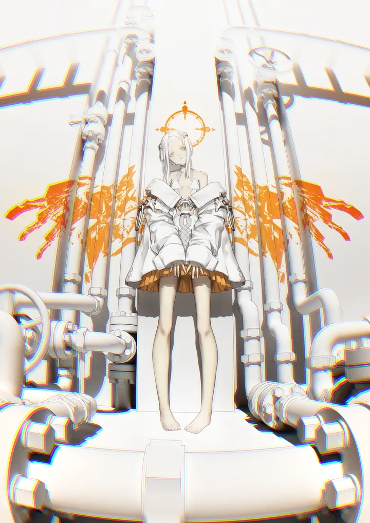 1girl,parted_bangs,full_body,bangs,solo,closed_eyes,closed_mouth,halo,jacket,orange_skirt,white_hair,white_jacket,skirt,vertical,standing,wings,chromatic_aberration,sleeves_past_wrists,bare_legs,barefoot,collarbone,long_hair,long_sleeves,bare_shoulders,off_shoulder,forehead