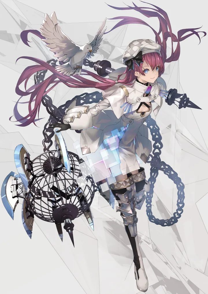 1girl,breasts,cleavage,full_body,solo,twintails,hat,very_long_hair,gloves,holding,white_dress,looking_at_viewer,vertical,standing,smile,cage,purple_hair,blue_eyes,dress,chain,long_hair,long_sleeves,boots,cleavage_cutout,floating_hair,thigh_boots,bird,birdcage,black_gloves