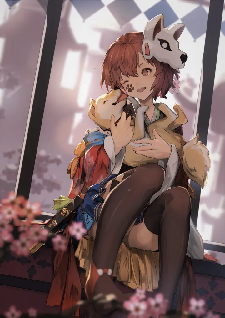 1girl,bangs,blurry_foreground,animal,solo,kimono,sitting,wide_sleeves,open_mouth,mask_on_head,holding_animal,holding,japanese_clothes,depth_of_field,brown_hair,brown_eyes,brown_thighhighs,blurry,fox,fox_mask,dog,pleated_skirt,short_hair,skirt,vertical,smile,blue_skirt,thighhighs,long_sleeves,one_eye_closed,mask,flower,black_thighhighs