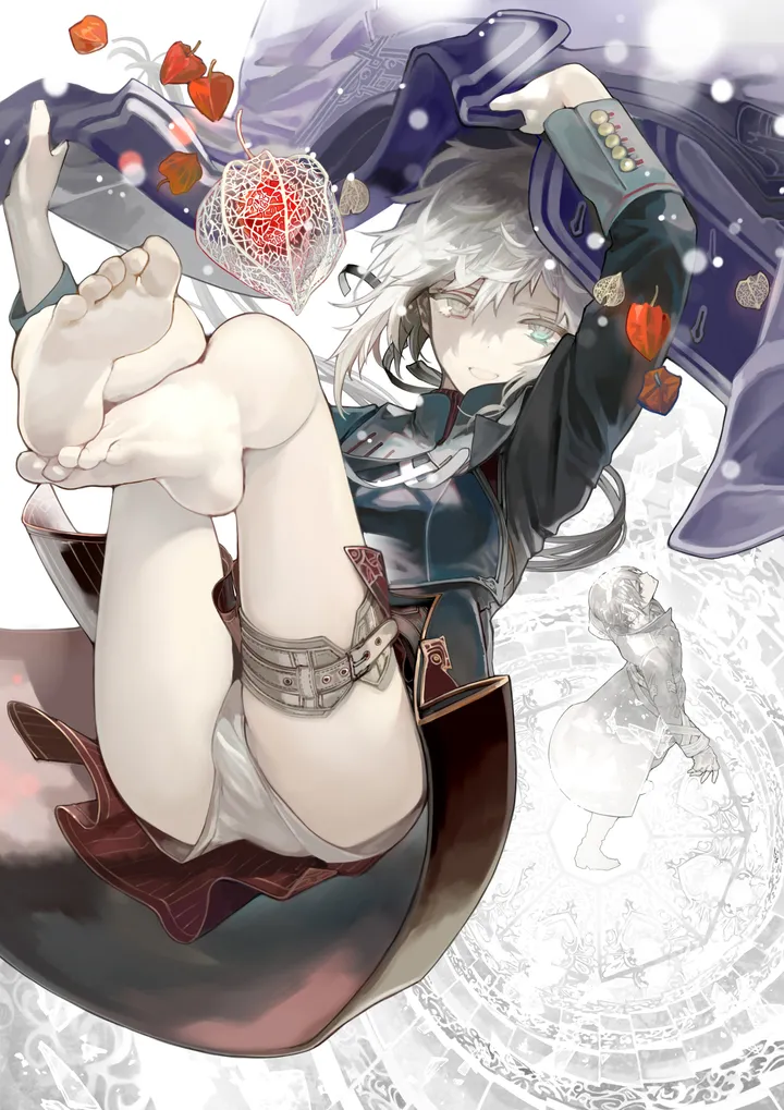 1girl,arm_up,underwear,panties,pantyshot,military,military_uniform,uniform,solo,coat,thigh_strap,ass,open_mouth,fruit,grey_eyes,white_panties,white_hair,looking_at_viewer,skirt,vertical,feet,soles,toes,blue_eyes,barefoot,long_hair,long_sleeves,food,magic_circle