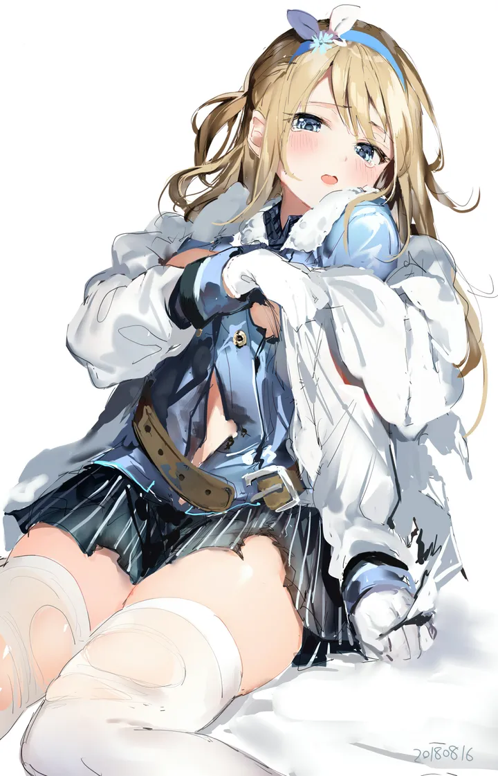 1girl,breasts,bangs,solo,hairband,one_side_up,sitting,hair_ornament,jacket,open_mouth,gloves,simple_background,striped,striped_skirt,fur_trim,white_gloves,white_background,white_thighhighs,belt,looking_at_viewer,skirt,torn_skirt,torn_clothes,torn_thighhighs,vertical,blush,blue_eyes,shirt,thighhighs,blonde_hair,long_hair,long_sleeves,snowflake_hair_ornament