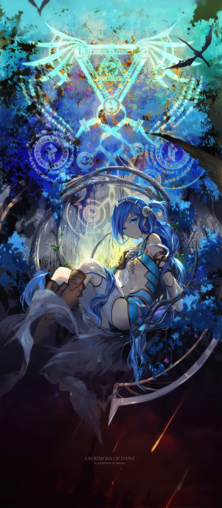 1girl,braid,breasts,artist_name,bangs,solo,sitting,sky,hair_ornament,very_long_hair,tree,brown_footwear,looking_at_viewer,vertical,navel,blue_hair,blue_eyes,long_hair,boots