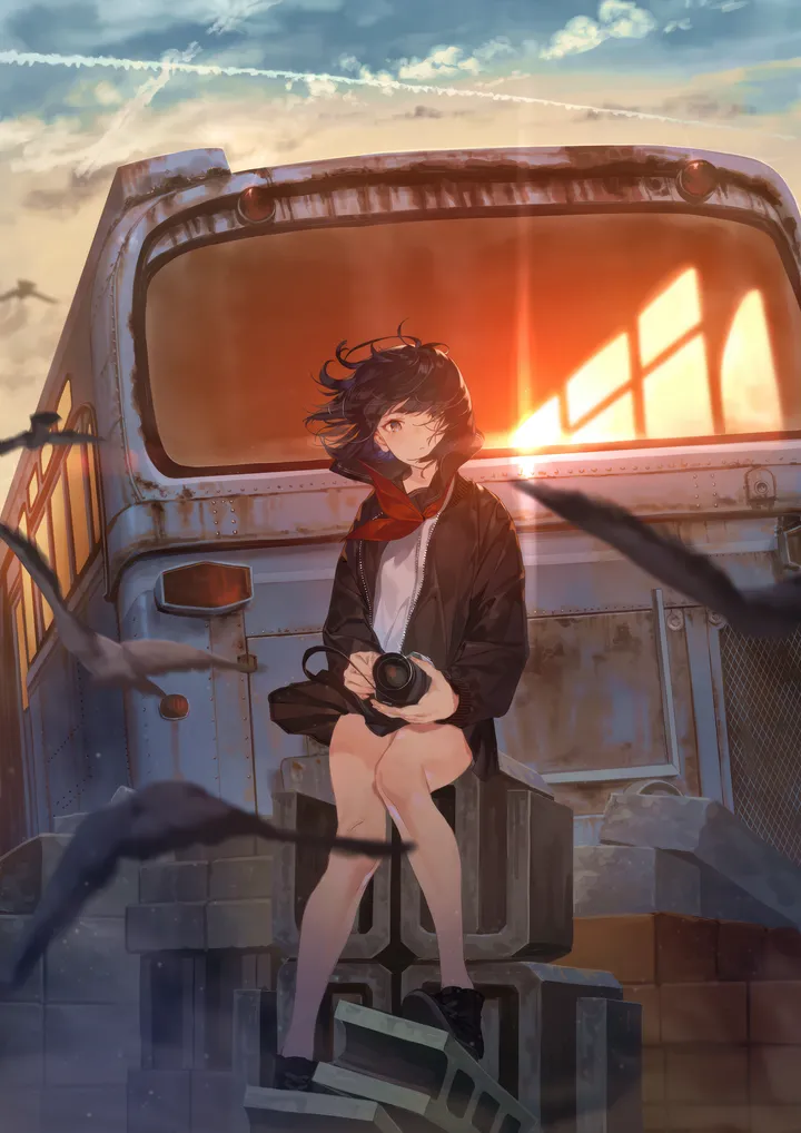 1girl,neckerchief,cloud,bangs,solo,scarf,ground_vehicle,sitting,sky,jacket,outdoors,holding_camera,holding,sunset,depth_of_field,school_uniform,brown_eyes,blurry,serafuku,camera,white_shirt,looking_at_viewer,short_hair,skirt,window,vertical,red_neckerchief,shirt,bare_legs,open_jacket,open_clothes,long_sleeves,sunlight,shoes,wind,floating_hair,bird,black_hair,black_jacket,black_skirt,black_footwear