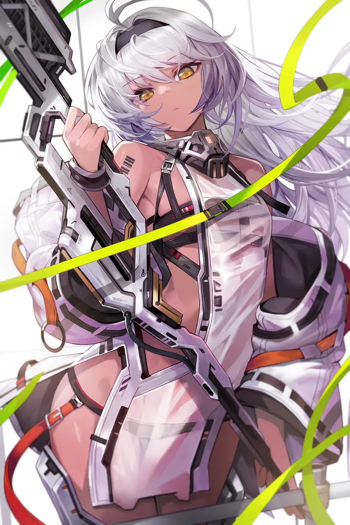 1girl,cowboy_shot,breasts,bangs,see-through,solo,hairband,ahoge,closed_mouth,thigh_gap,jacket,holding_weapon,holding,simple_background,barcode,barcode_tattoo,weapon,dark_skin,white_hair,white_jacket,white_background,looking_at_viewer,vertical,tattoo,small_breasts,long_hair,long_sleeves,bare_shoulders,off_shoulder,yellow_eyes,dark-skinned_female