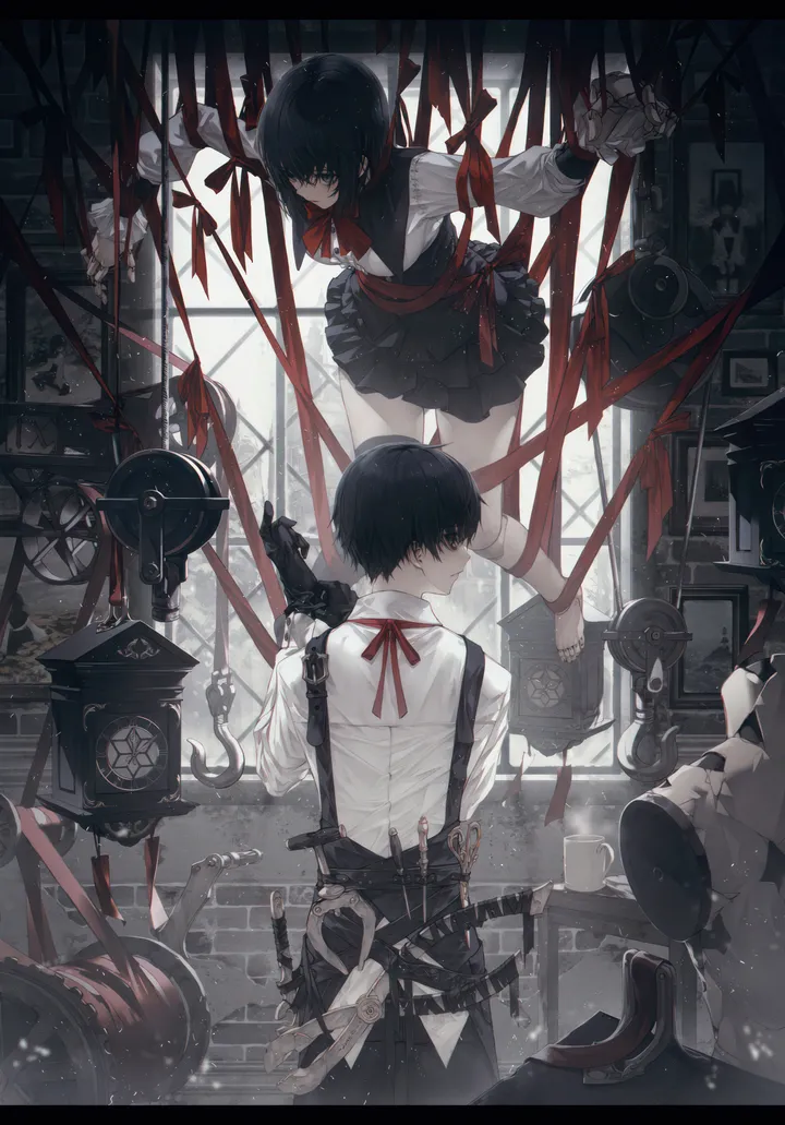 1girl,1boy,ribbon,joints,bangs,sword,sheath,indoors,gloves,bound,katana,clock,collared_shirt,school_uniform,weapon,white_shirt,pleated_skirt,belt,picture_frame,looking_at_another,short_hair,skirt,vertical,standing,red_ribbon,string,rope,suspenders,bow,shirt,tied_up_nonsexual,pants,barefoot,long_sleeves,neck_ribbon,black_hair,black_eyes,black_skirt