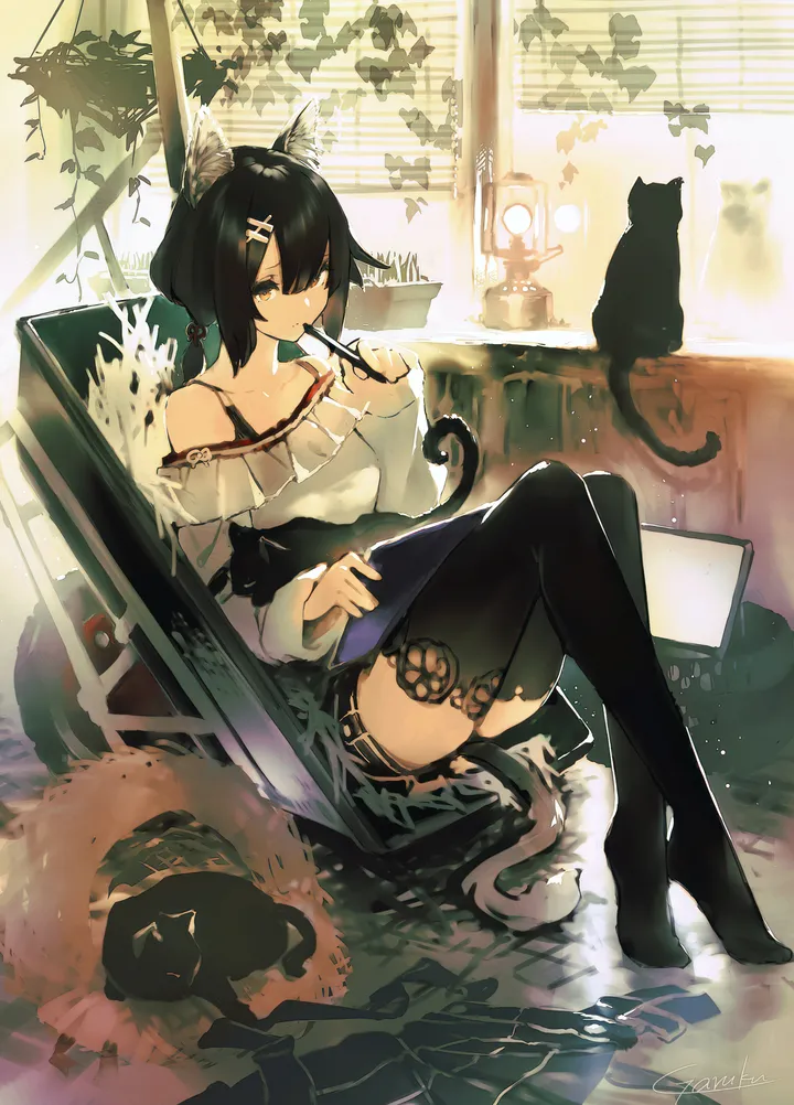 1girl,animal_ears,bangs,solo,hairclip,sitting,hair_ornament,indoors,tail,hair_between_eyes,holding_stylus,knees_up,holding,drawing_tablet,stylus,brown_eyes,chair,no_shoes,cat,cat_girl,cat_tail,cat_ears,blinds,looking_at_viewer,window,vertical,pen,laptop,animal_ear_fluff,shirt,computer,thighhighs,collarbone,long_hair,long_sleeves,bare_shoulders,off_shoulder,off-shoulder_shirt,black_hair,black_cat,black_thighhighs