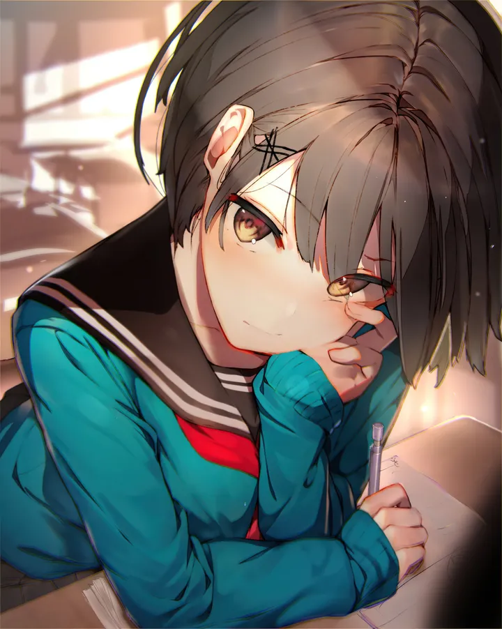 1girl,x_hair_ornament,neckerchief,desk,upper_body,bangs,solo,hairclip,closed_mouth,hair_ornament,indoors,cardigan,holding_pencil,head_rest,hand_on_own_cheek,hand_on_own_face,holding,holding_pen,classroom,school_uniform,brown_hair,brown_eyes,chair,blurry,serafuku,sailor_collar,looking_at_viewer,short_hair,vertical,pen,red_neckerchief,blush,sleeves_past_wrists,school_desk,school_chair,pencil,long_sleeves,sunlight,black_hair,black_sailor_collar