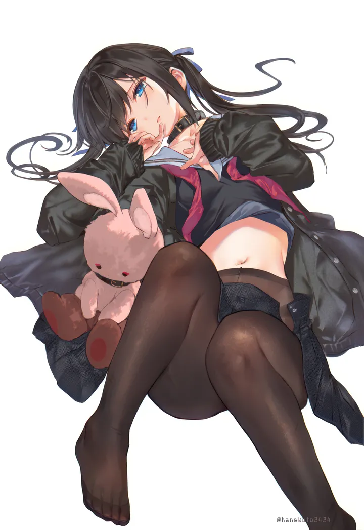 1girl,neckerchief,ribbon,breasts,on_back,underwear,panties,solo,knee_up,twintails,closed_mouth,thighs,hair_ribbon,sidelocks,jacket,stomach,cardigan,simple_background,school_uniform,brown_pantyhose,stuffed_bunny,stuffed_animal,stuffed_toy,serafuku,sailor_collar,open_fly,no_shoes,white_background,pleated_skirt,looking_at_viewer,skirt,panties_under_pantyhose,vertical,red_neckerchief,navel,feet,blue_eyes,shirt,open_jacket,open_skirt,open_clothes,unbuttoned,lying,small_breasts,pantyhose,miniskirt,long_hair,long_sleeves,midriff,crop_top,choker,collar,black_hair,black_jacket,black_skirt,black_shirt,black_choker