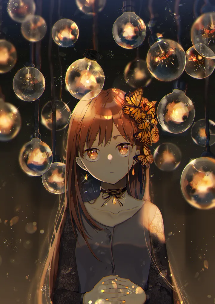 1girl,ribbon,upper_body,light_particles,bangs,solo,own_hands_together,closed_mouth,hair_ornament,nail_polish,expressionless,depth_of_field,brown_hair,brown_eyes,blurry,orange_eyes,light_bulb,grey_shirt,jewelry,straight-on,looking_at_viewer,vertical,earrings,bug,butterfly,butterfly_hair_ornament,shirt,collarbone,long_hair,long_sleeves,choker,black_choker