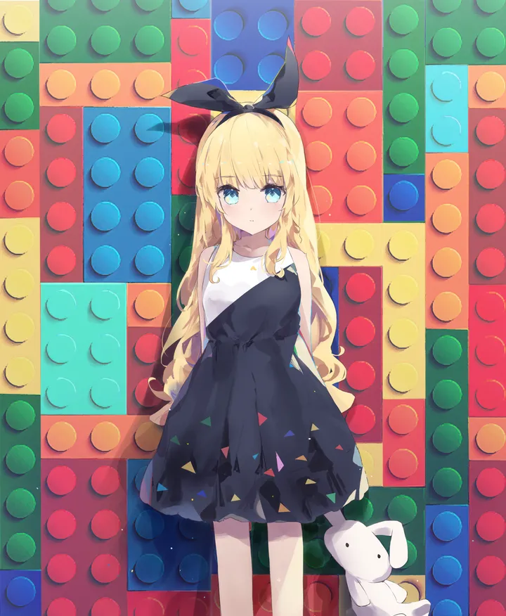 1girl,ribbon,bangs,solo,arms_behind_back,hairband,closed_mouth,very_long_hair,holding,sleeveless,sleeveless_dress,stuffed_bunny,stuffed_animal,stuffed_toy,looking_at_viewer,vertical,standing,blush,blue_eyes,dress,blonde_hair,collarbone,long_hair,bare_shoulders,black_hairband,black_dress