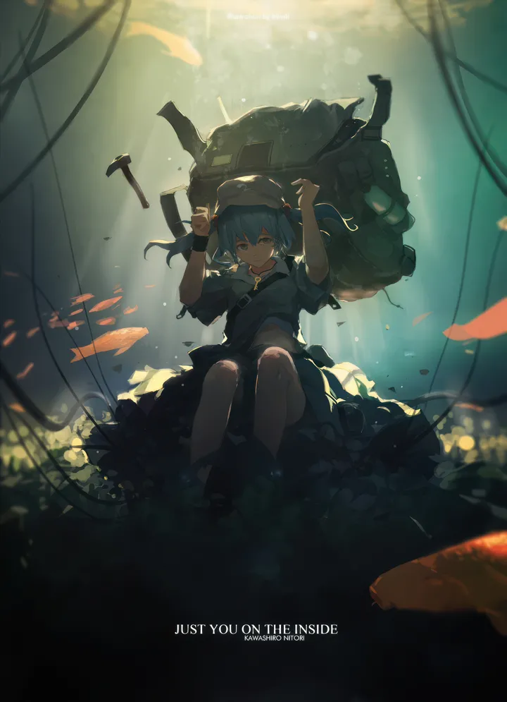 1girl,light_rays,bag,solo,backpack,twintails,hair_ornament,hair_bobbles,two_side_up,hat,open_mouth,air_bubble,underwater,bubble,short_hair,short_sleeves,skirt,vertical,english_text,blue_hair,blue_eyes,shirt,skirt_set,key,sunlight,fish