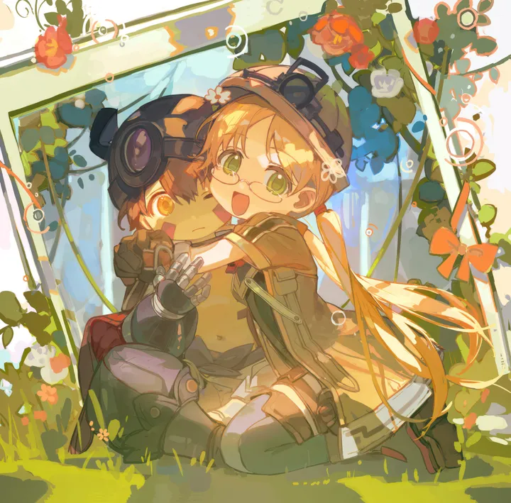 1girl,1boy,low_twintails,bangs,twintails,whistle,closed_mouth,sitting,helmet,jacket,hat,female_child,open_mouth,outdoors,gloves,cape,hug,mechanical_arms,brown_hair,brown_headwear,brown_jacket,brown_gloves,plant,orange_eyes,dark_skin,male_child,white_flower,looking_at_viewer,glasses,short_sleeves,shorts,vertical,smile,red_flower,green_eyes,navel,whistle_around_neck,facial_mark,grass,puffy_pants,shirt,pants,open_jacket,open_clothes,blonde_hair,long_hair,boots,one_eye_closed,flower