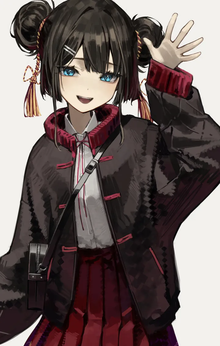 1girl,double_bun,ribbon,upper_teeth_only,hood,bangs,bag,solo,shoulder_bag,hairclip,hair_bun,hair_ornament,jacket,open_mouth,hand_up,waving,collared_shirt,simple_background,tassel,teeth,white_background,white_shirt,pleated_skirt,looking_at_viewer,skirt,vertical,smile,red_skirt,blue_eyes,shirt,open_jacket,open_clothes,long_sleeves,neck_ribbon,black_hair,black_jacket