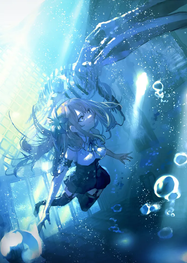 1girl,medium_breasts,breasts,bangs,solo,garter_straps,hair_flower,hair_ornament,hair_between_eyes,collared_shirt,air_bubble,underwater,bubble,white_shirt,looking_at_viewer,skirt,vertical,blue_theme,shirt,thighhighs,blonde_hair,long_hair,high_heels,fish,flower,black_skirt,black_thighhighs