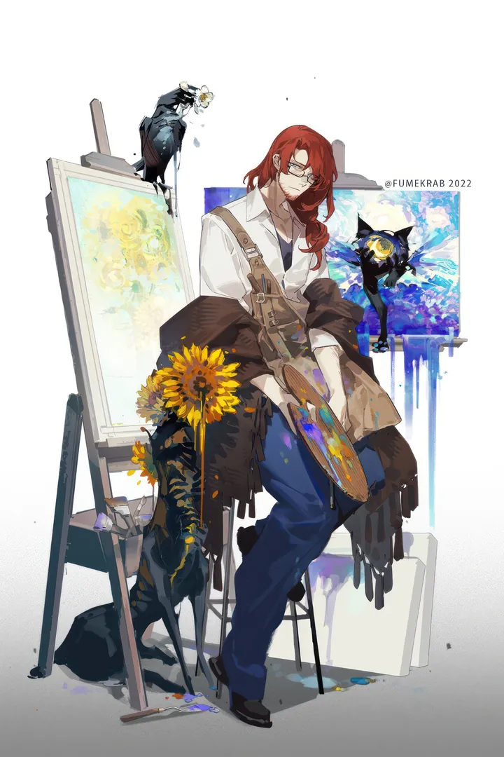 1boy,full_body,bangs,solo,sunflower,sitting,holding,holding_paintbrush,painting_object,collared_shirt,paint_splatter,cat,male_focus,canvas_object,easel,white_background,white_shirt,looking_at_viewer,glasses,vertical,smile,paintbrush,red_hair,blue_pants,shirt,pants,palette_object,long_hair,flower,yellow_flower,black_footwear