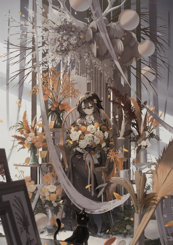 1girl,bangs,solo,sitting,hair_flower,hair_ornament,holding,table,chair,plant,cat,white_flower,looking_at_viewer,vertical,bouquet,vase,dress,long_hair,long_sleeves,flower,black_hair,black_cat,black_dress