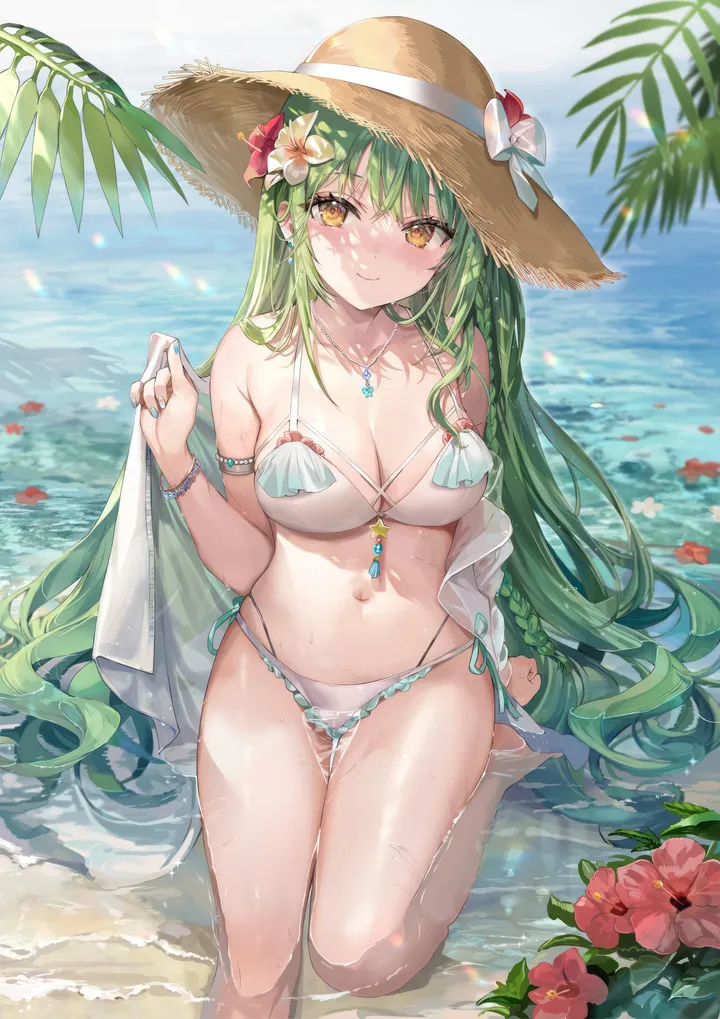 1girl,braid,side-tie_bikini_bottom,breasts,cleavage,bangs,solo,arm_behind_back,leaf,closed_mouth,sitting,thighs,sun_hat,hair_flower,hair_ornament,sidelocks,stomach,hat_bow,hat_flower,hat,hair_between_eyes,very_long_hair,outdoors,bracelet,hibiscus,shawl,hand_up,holding,holding_towel,nail_polish,palm_leaf,brown_headwear,bikini,towel,water,swimsuit,shallow_water,ocean,beach,beads,bead_bracelet,jewelry,day,white_bikini,white_flower,looking_at_viewer,vertical,smile,multi-strapped_bikini,string_bikini,red_flower,halterneck,green_hair,earrings,navel,blush,armlet,frills,frilled_bikini,straw_hat,wet,barefoot,large_breasts,collarbone,long_hair,sunlight,bare_shoulders,necklace,flower,yellow_eyes