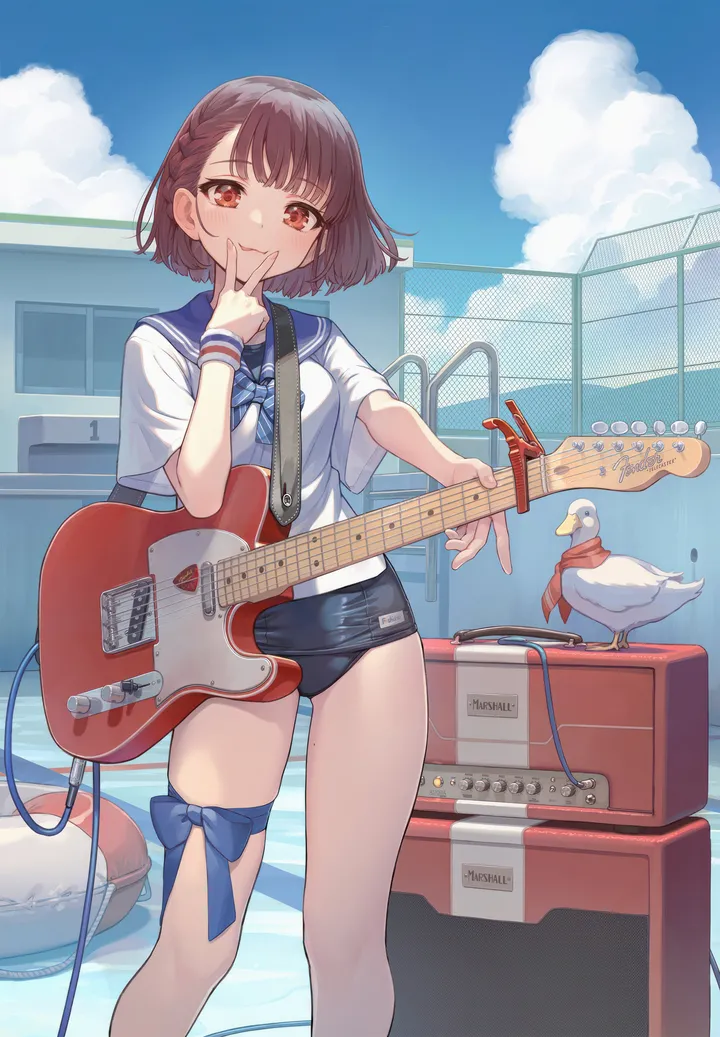 1girl,one-piece_swimsuit,braid,instrument,breasts,cloud,bangs,solo,guitar,closed_mouth,sky,outdoors,plectrum,holding_instrument,holding,lifebuoy,old_school_swimsuit,school_uniform,plaid_bow,brown_hair,school_swimsuit,v,water,serafuku,sailor_shirt,sailor_collar,innertube,pool,swimsuit,electric_guitar,day,white_shirt,looking_at_viewer,short_hair,short_sleeves,vertical,standing,smile,red_eyes,cable,blush,wristband,leg_ribbon,blue_sky,blue_sailor_collar,blue_bow,blue_one-piece_swimsuit,blue_bowtie,bow,shirt,skindentation,swimsuit_under_clothes,amplifier,bowtie,bird