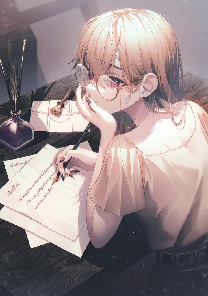 1girl,desk,light_particles,bangs,solo,round_eyewear,sitting,indoors,head_rest,hand_on_own_face,holding,holding_pen,nail_polish,table,brown_hair,writing,white_shirt,belt,looking_at_viewer,glasses,short_sleeves,vertical,pen,purple_eyes,paper,quill,shirt,pants,long_hair,off_shoulder,black_nails