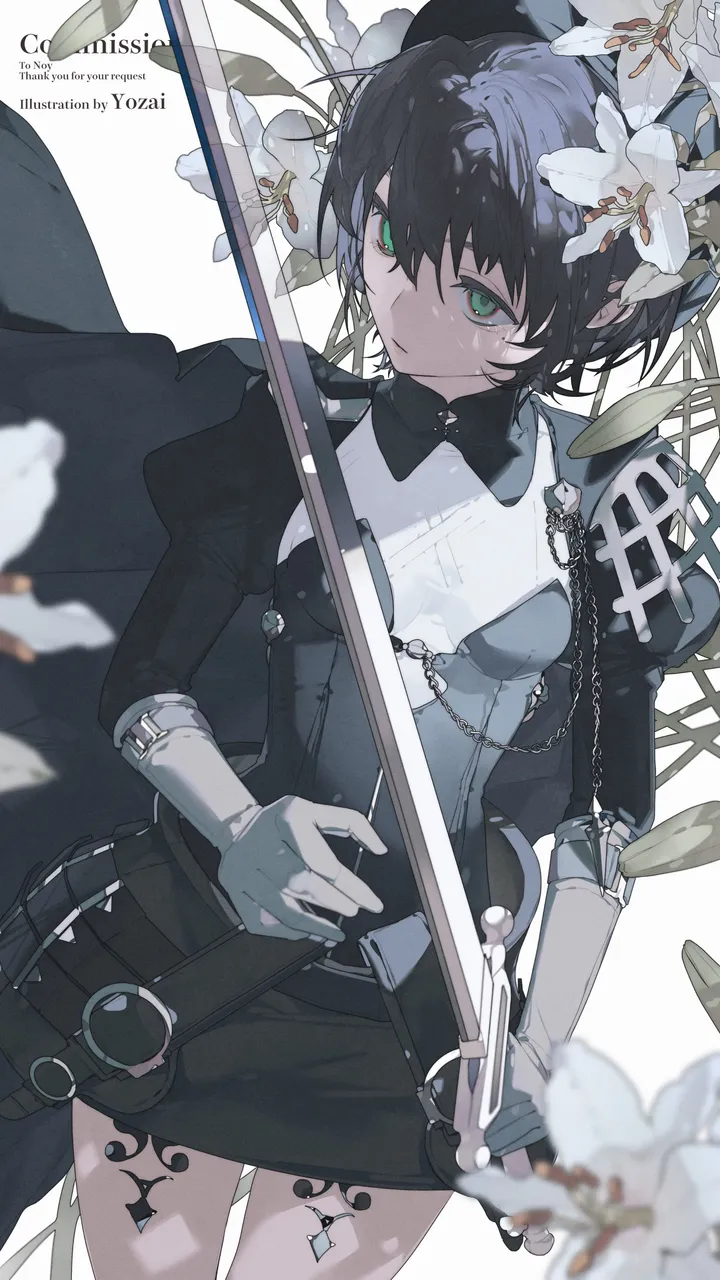 1girl,cowboy_shot,breasts,bangs,sword,solo,closed_mouth,hair_flower,hair_ornament,hair_between_eyes,gloves,holding_sword,holding_weapon,cape,holding,juliet_sleeves,weapon,white_gloves,white_background,white_flower,lily_flower,belt,looking_at_viewer,short_hair,skirt,vertical,green_eyes,english_text,puffy_sleeves,bow,small_breasts,long_sleeves,bowtie,flower,black_hair,black_skirt