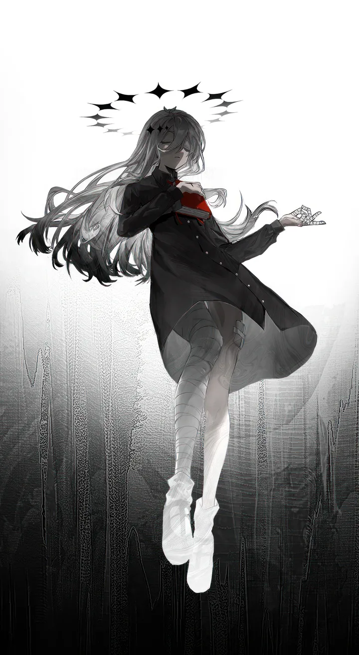 1girl,book,full_body,bangs,solo,closed_mouth,coat,multicolored_hair,halo,hair_ornament,hair_between_eyes,holding,holding_book,gradient,gradient_background,floating,grey_hair,grey_eyes,white_hair,white_footwear,looking_at_viewer,vertical,bandaged_leg,bandages,bandaged_arm,dress,long_hair,long_sleeves,black_hair,black_dress