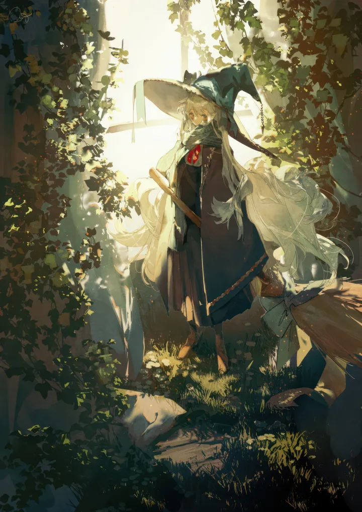 1girl,full_body,bangs,solo,scarf,witch_hat,indoors,wide_sleeves,hat,very_long_hair,holding_broom,broom,holding,cloak,plant,white_hair,looking_at_viewer,window,vertical,standing,grass,bow,dress,long_hair,long_sleeves,witch,black_headwear,black_dress