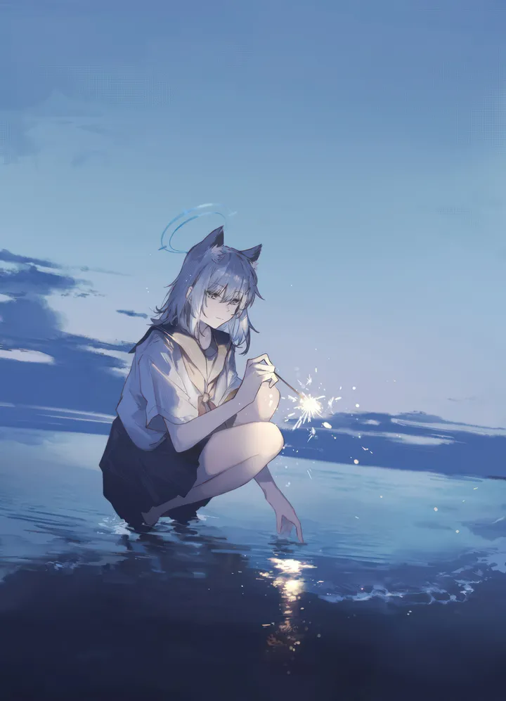 1girl,neckerchief,mismatched_pupils,medium_hair,full_body,animal_ears,bangs,cross_hair_ornament,solo,closed_mouth,horizon,night,halo,sky,hair_ornament,hair_between_eyes,outdoors,sparkler,holding,school_uniform,water,serafuku,sailor_collar,ocean,beach,grey_hair,fireworks,cat_ears,white_shirt,pleated_skirt,looking_at_viewer,short_sleeves,skirt,alternate_costume,vertical,animal_ear_fluff,blue_sky,blue_eyes,shirt,extra_ears,squatting,black_skirt