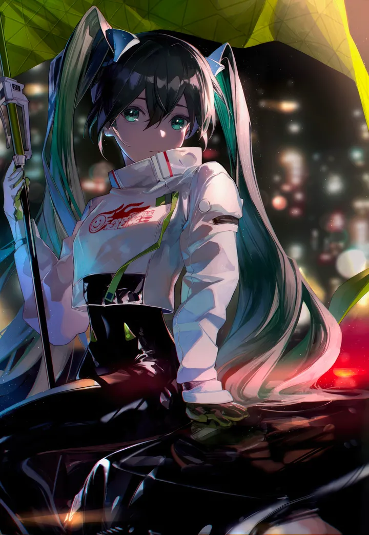 1girl,crop_top_overhang,bangs,solo,single_thighhigh,two-tone_gloves,twintails,closed_mouth,ground_vehicle,sitting,night,jacket,hair_between_eyes,very_long_hair,gloves,holding_flag,holding,flag,depth_of_field,motor_vehicle,blurry,blurry_background,aqua_hair,aqua_eyes,car,white_jacket,looking_at_viewer,cropped_jacket,vertical,green_gloves,green_eyes,race_queen,thighhighs,bodysuit,pole,long_hair,long_sleeves,crop_top,black_gloves,black_bodysuit