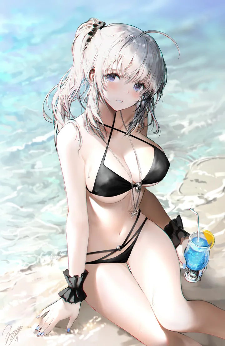 1girl,breasts,cleavage,criss-cross_halter,bangs,solo,feet_out_of_frame,wrist_scrunchie,drinking_straw,ahoge,sitting,thighs,thigh_gap,hair_scrunchie,hair_ornament,sidelocks,stomach,parted_lips,outdoors,scrunchie,holding,nail_polish,cup,bikini,water,fruit,swimsuit,ocean,beach,tropical_drink,day,white_hair,looking_at_viewer,vertical,smile,multi-strapped_bikini,string_bikini,halterneck,navel,blush,blue_nails,blue_eyes,wet,bare_arms,large_breasts,collarbone,long_hair,bare_shoulders,drink,black_bikini