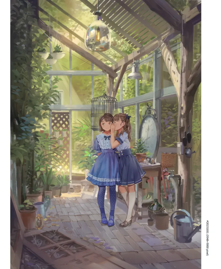 2girls,ribbon,artist_name,bangs,print_legwear,kneehighs,arms_behind_back,closed_eyes,polka_dot,polka_dot_legwear,multiple_girls,indoors,clock,brown_hair,brown_eyes,plant,watering_can,mary_janes,day,white_shirt,yuri,potted_plant,looking_at_another,short_hair,short_sleeves,skirt,window,vertical,standing,cage,basket,frills,blue_eyes,blue_skirt,blue_dress,blue_pantyhose,bow,hair_bow,shirt,socks,dress,pantyhose,long_hair,sunlight,shoes,flower,bird,birdcage,black_footwear