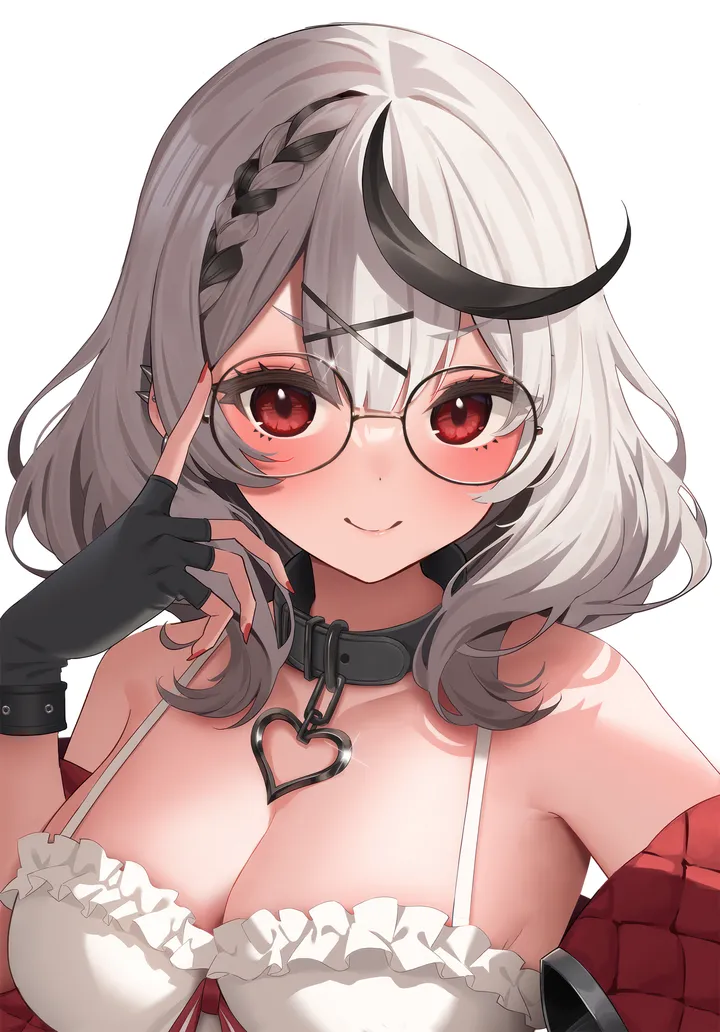 1girl,virtual_youtuber,x_hair_ornament,braid,medium_hair,breasts,cleavage,upper_body,heart_collar,bangs,solo,closed_mouth,round_eyewear,multicolored_hair,hair_ornament,jacket,gloves,adjusting_eyewear,nail_polish,streaked_hair,fingerless_gloves,simple_background,grey_hair,white_background,looking_at_viewer,glasses,vertical,smile,red_nails,red_eyes,blush,bespectacled,large_breasts,bare_shoulders,off_shoulder,collar,black_hair,black_gloves,black-framed_eyewear,black_collar